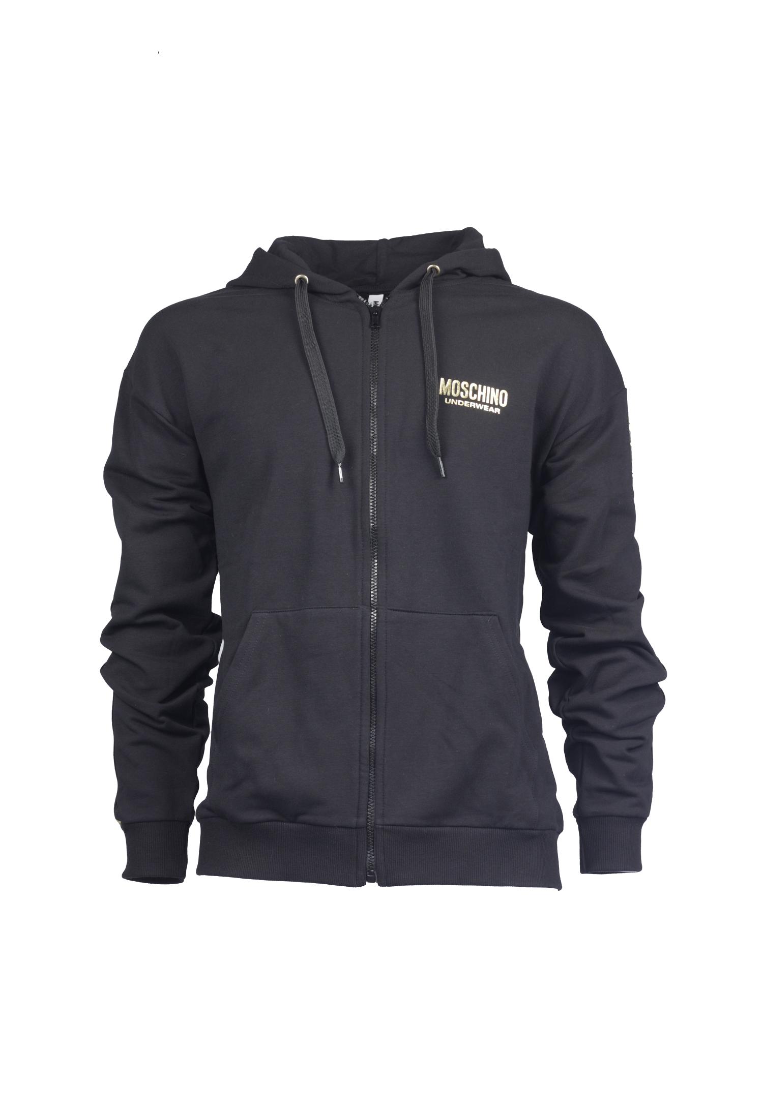 Felpa Moschino con Cappuccio e cerniera nera. Tessuto in cotone organico elasticizzato 