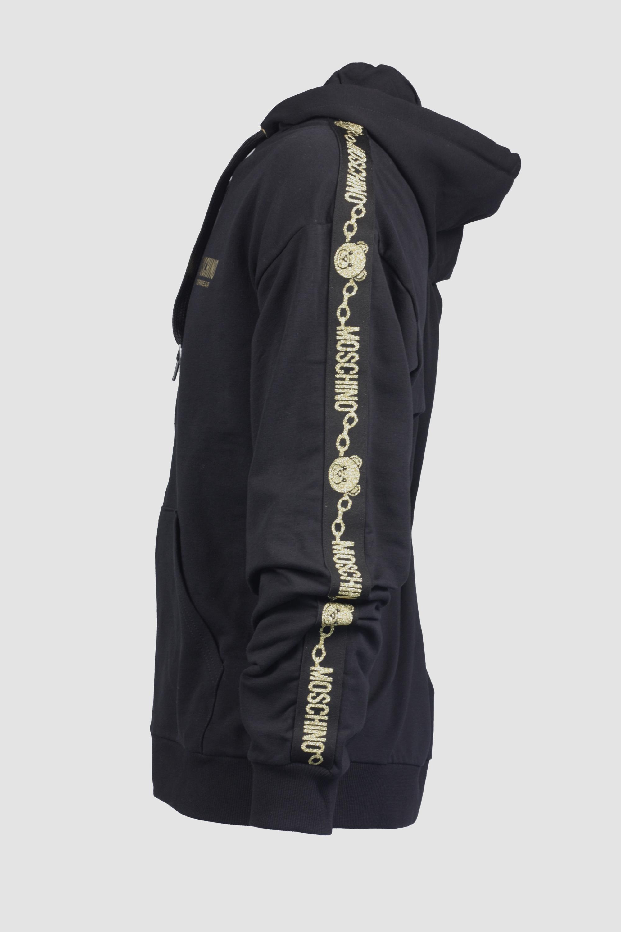 Felpa Moschino con Cappuccio e cerniera nera. Tessuto in cotone organico elasticizzato 