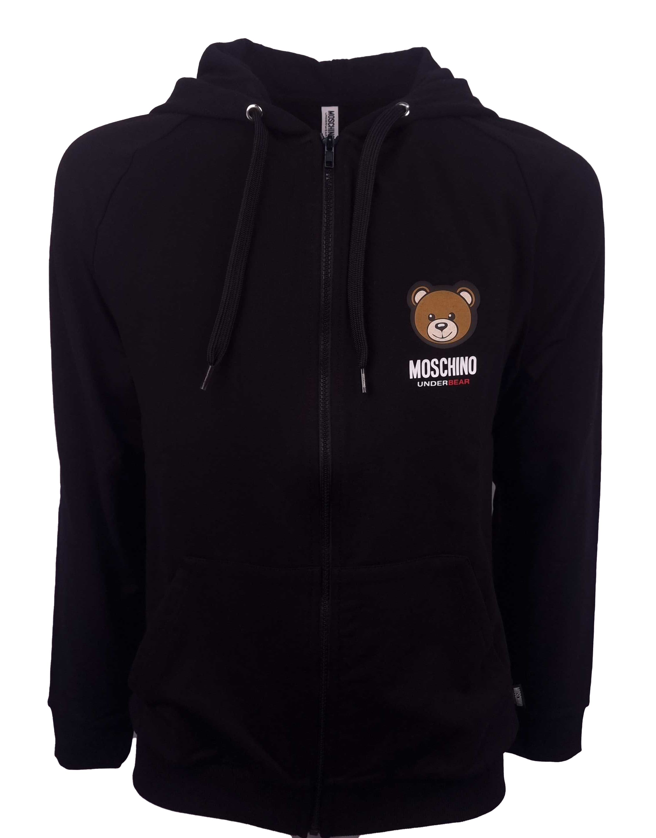 Felpa con cappuccio Moschino. Logo Teddy Bear stampato , full zip , due tasche sul davanti .Tessuto esterno in pregiato Jersey 