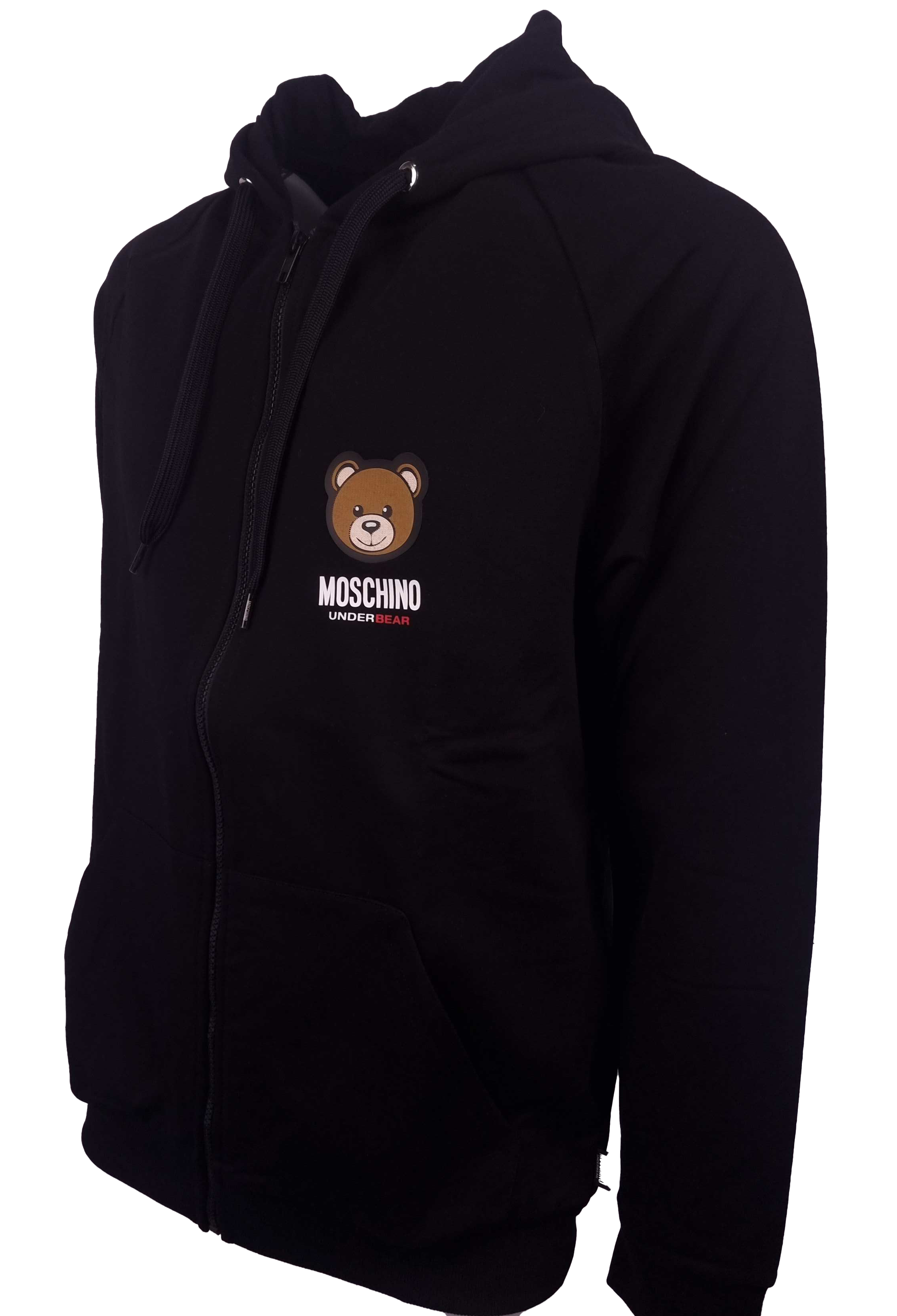 Felpa con cappuccio Moschino. Logo Teddy Bear stampato , full zip , due tasche sul davanti .Tessuto esterno in pregiato Jersey 