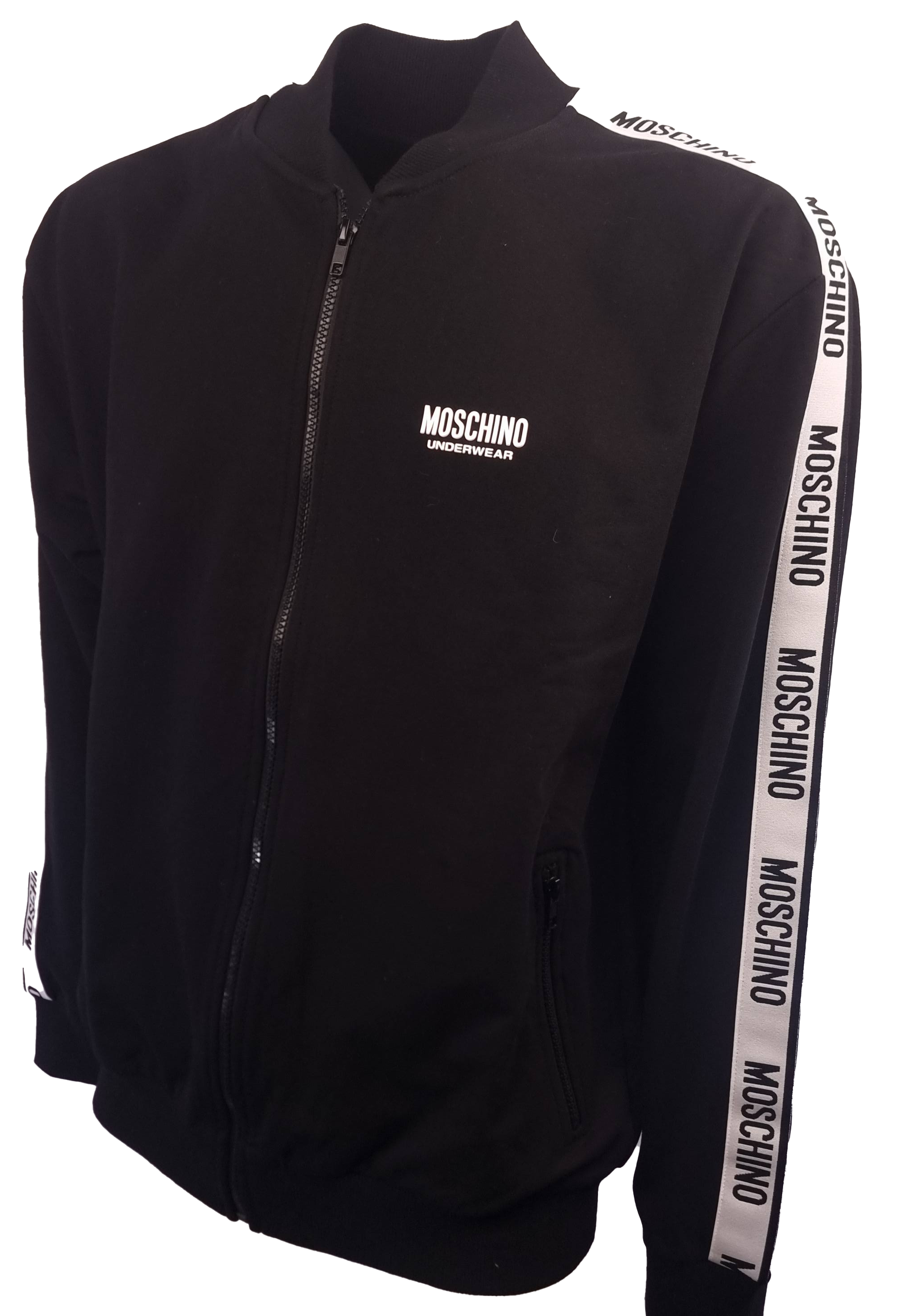 Felpa Moschino Full zip Nera . Tessuto in jersey di puro cotone elasticizzato , collo bomber doppie tasche sul davanti polsi e orlo  con elastico 