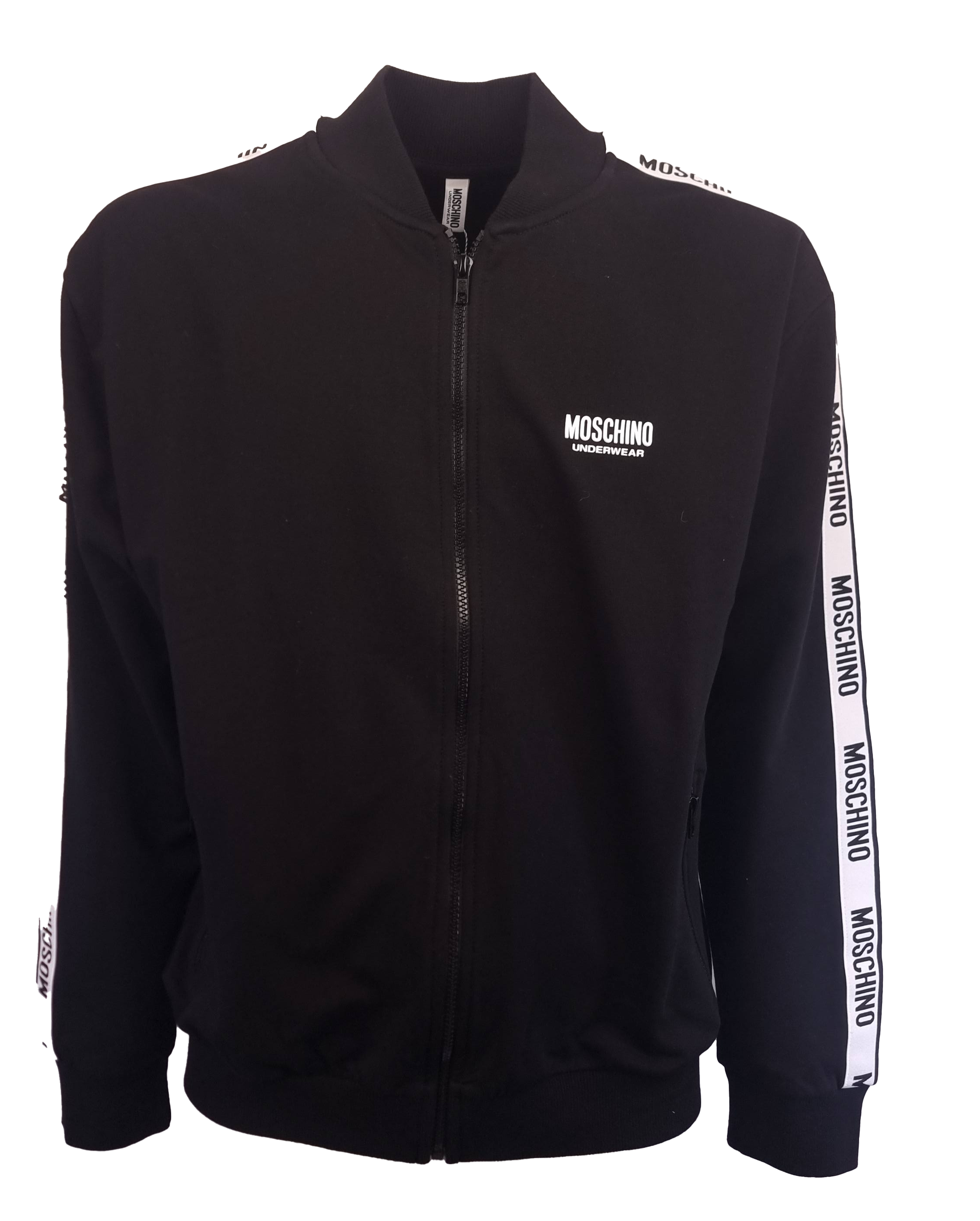 Felpa Moschino Full zip Nera . Tessuto in jersey di puro cotone elasticizzato , collo bomber doppie tasche sul davanti polsi e orlo  con elastico 