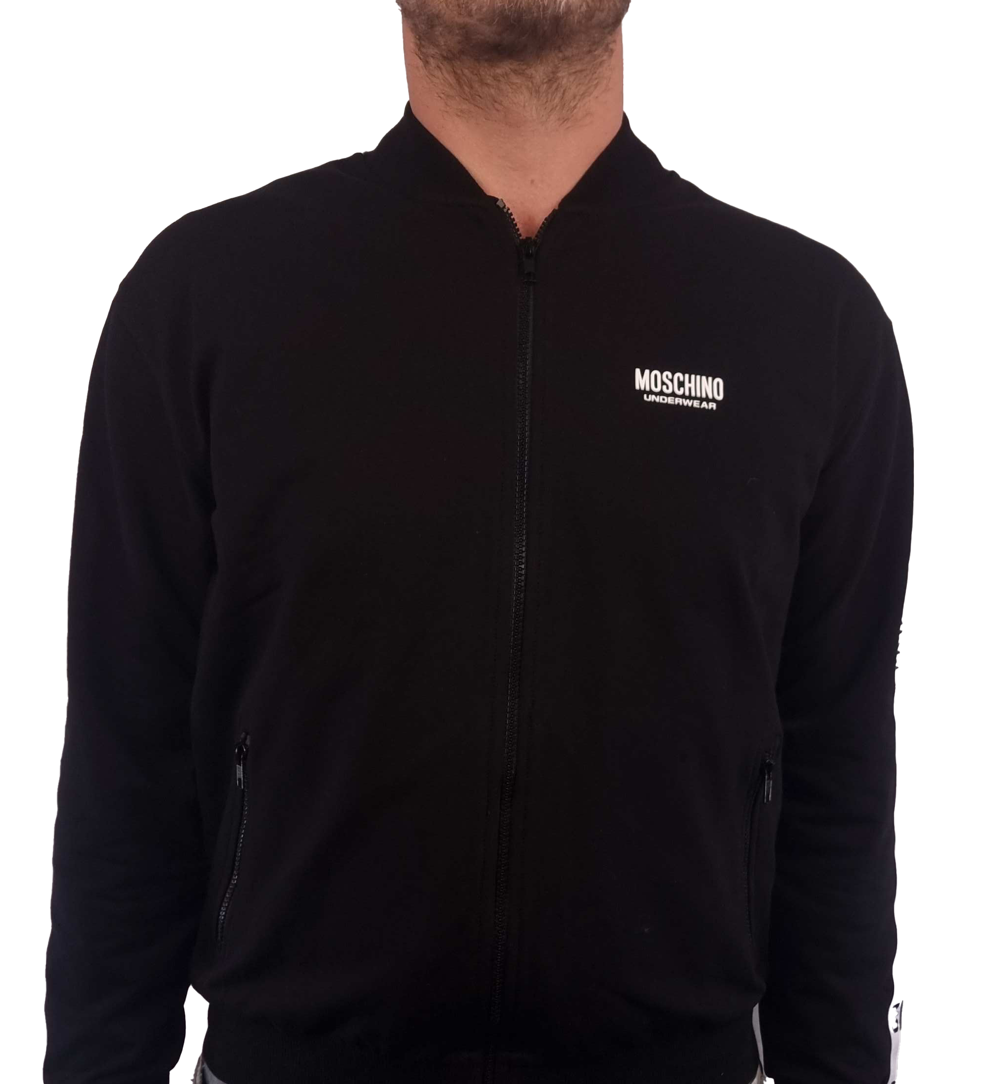 Felpa Moschino Full zip Nera . Tessuto in jersey di puro cotone elasticizzato , collo bomber doppie tasche sul davanti polsi e orlo  con elastico 
