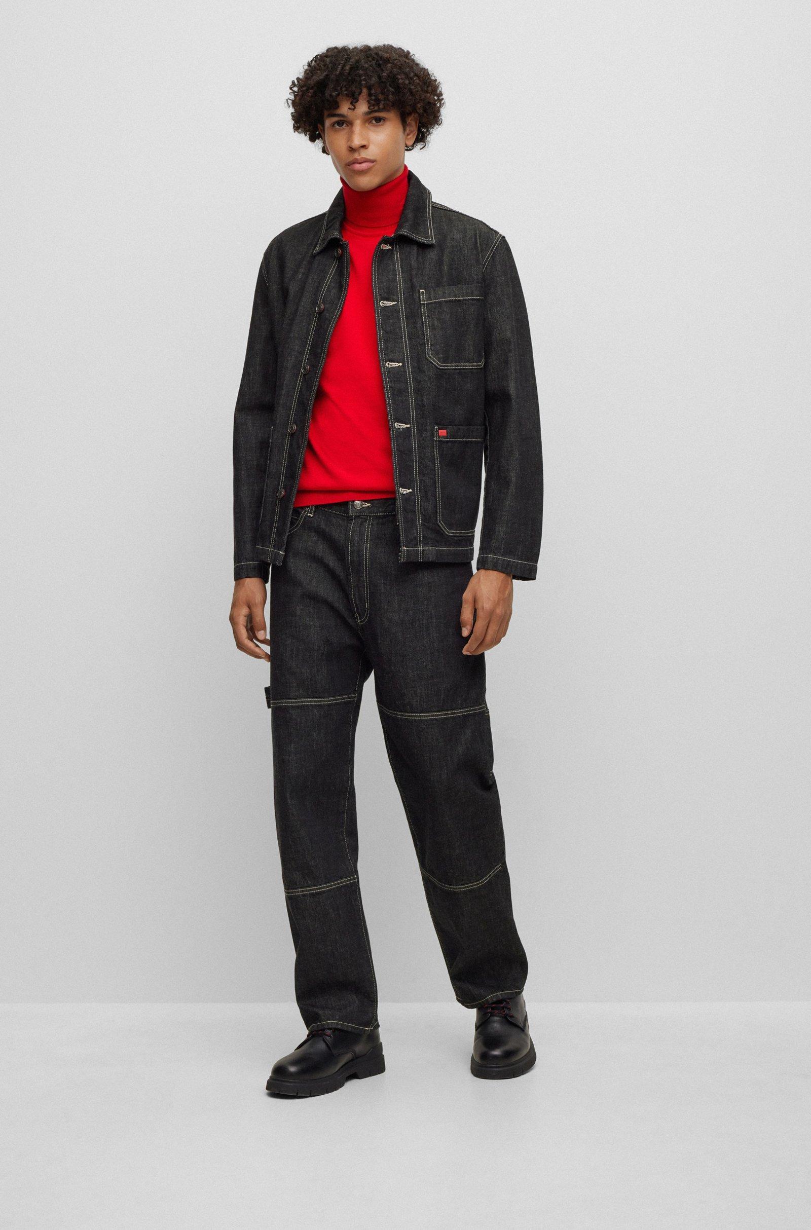 Dolcevita HUGO Boss nero Uomo slim fit in lana finissima termoregolante