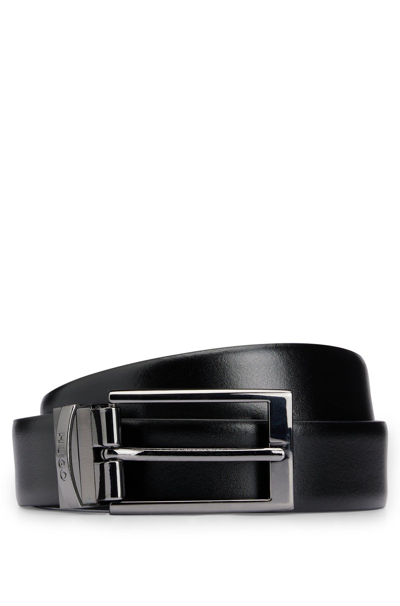 Cintura HUGO Boss Elvio pelle Nera reversibile alta 3 cm realizzata in Italia in pregiata pelle con passante in metallo brandizzato.