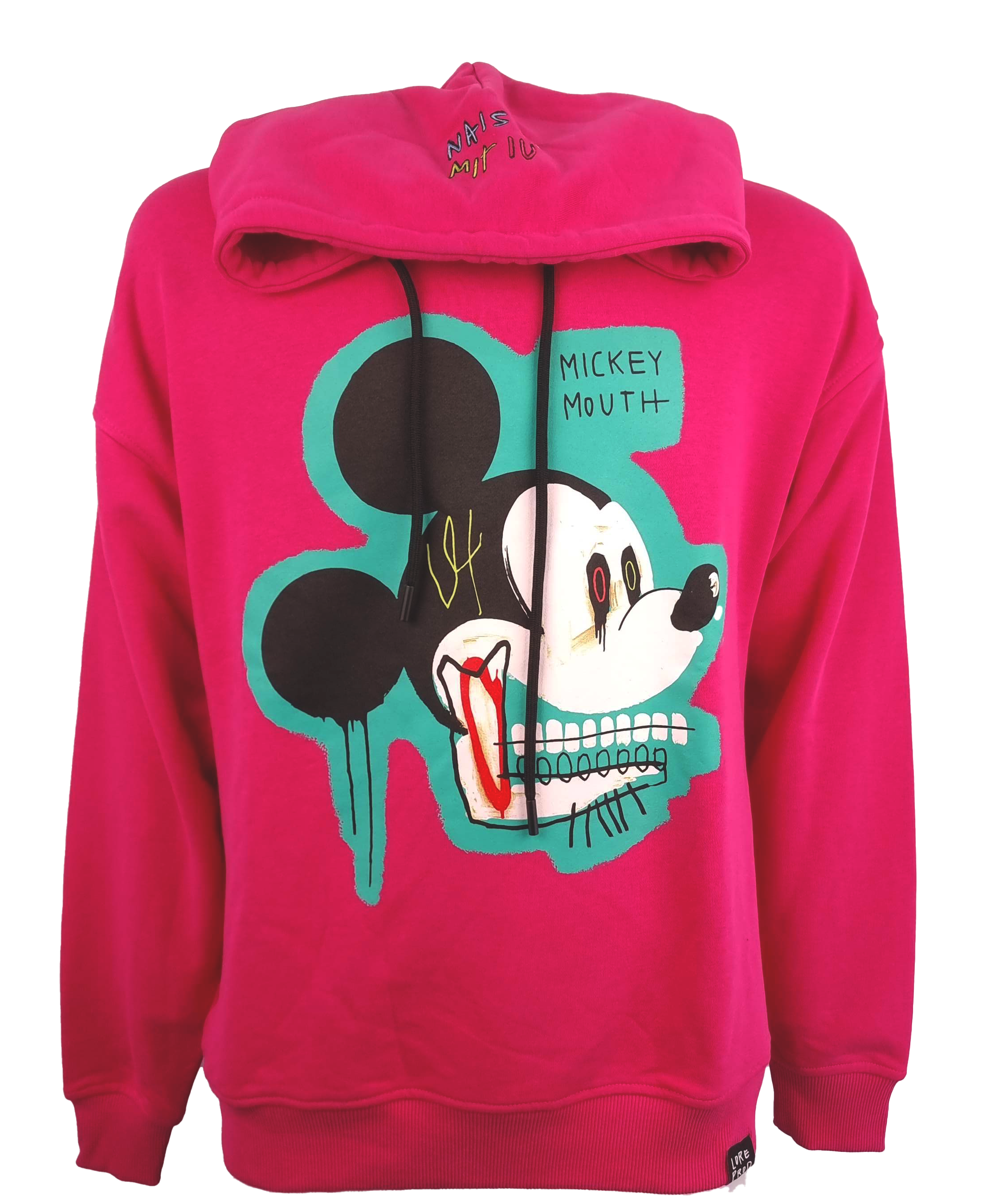 Felpa Nais Design con cappuccio colore fucsia  .Tessuto in jersey di puro cotone, ideale per essere usata  nelle mezze stagioni.  Stampa serigrafica del personaggio sul retro 