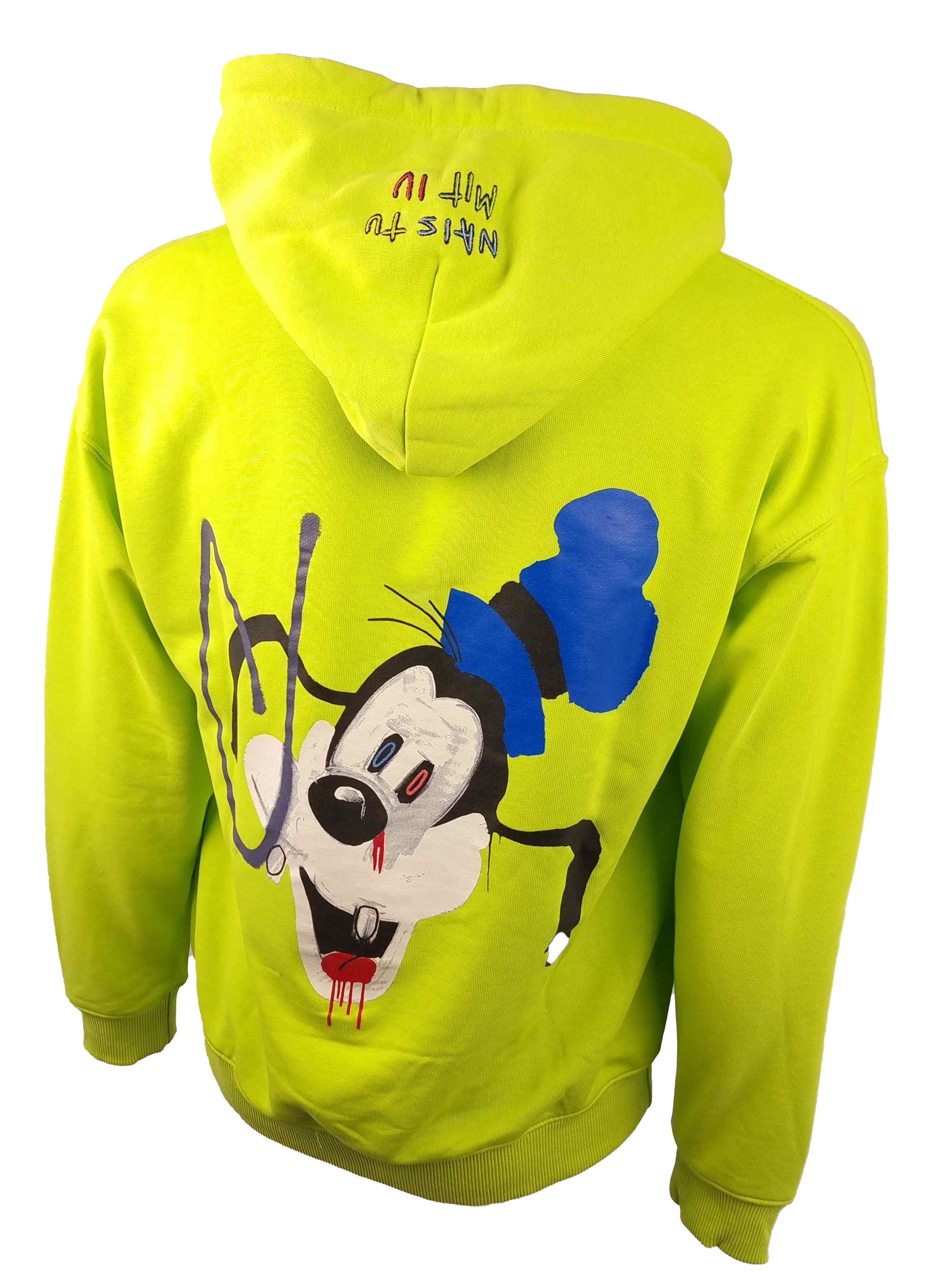 Felpa Nais Design con cappuccio colore Verde Fluo .Tessuto in jersey di puro cotone, ideale per essere usata  nelle mezze stagioni.  Stampa serigrafica del personaggio 