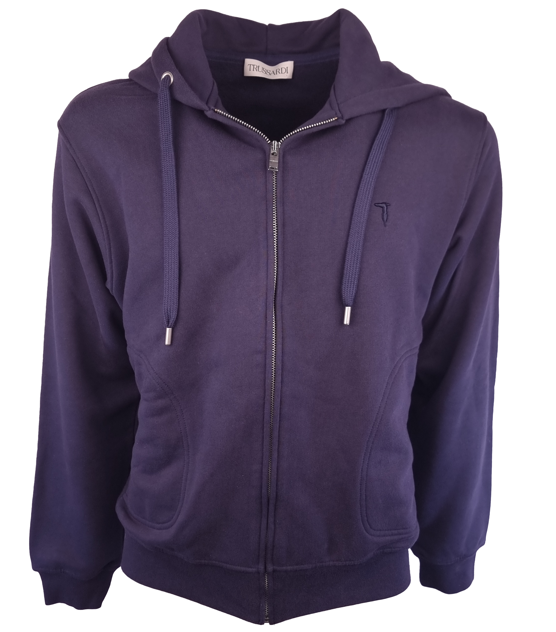 Trussardi felpa con cappuccio Blu . Tessuto in morbido cotone all'esterno e in caldo cotone all'interno, abbinabile col suo pantalone per creare una tuta da passeggio o da sport .